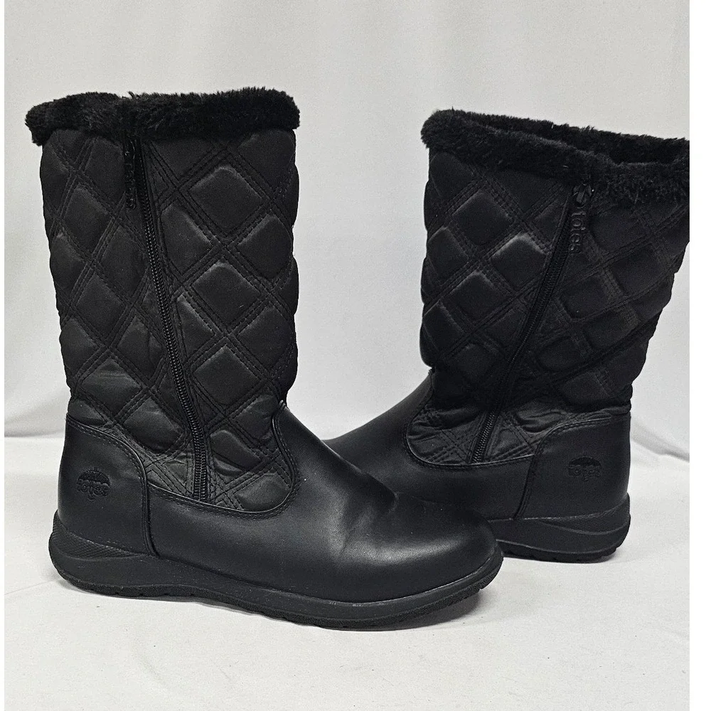 Totes Elsa-T Black Quilted Faux Fur Lined Winter Boots Womens 9W 100-0809